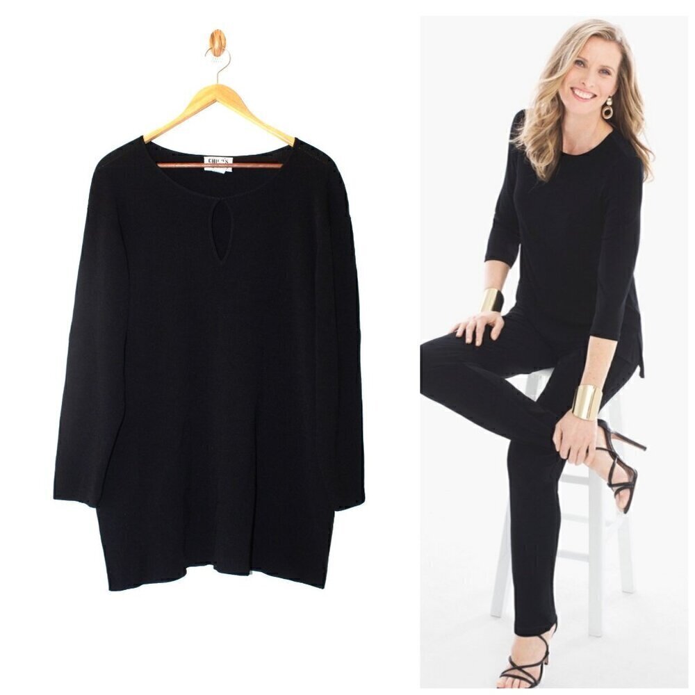 Chicos keyhole Black Travelers Top Size 2/Large Career 3/4 sleeves Pull Over